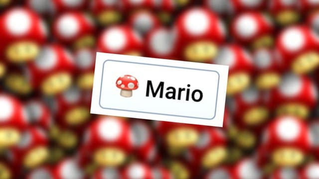 Infinite Craft's Mario block atop a background of blurred cartoon-y red mushrooms with beady black eyes