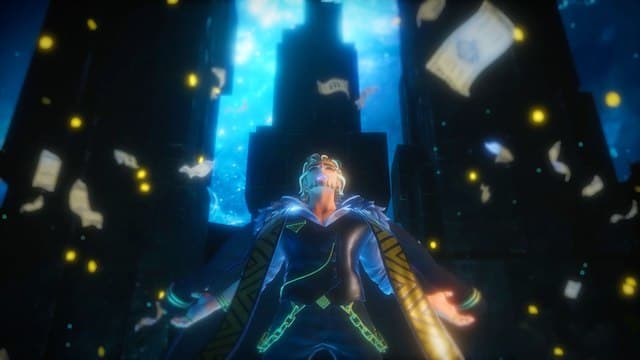 Palworld screenshot showing a man with white swept-back hair wearing black and gold robes standing with his head back as money floats around him