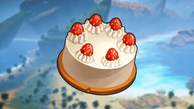 A cartoon-like image of a white cake with strawberries topping it against a blurred backdrop seemingly showing a beach and bright blue surrounding water