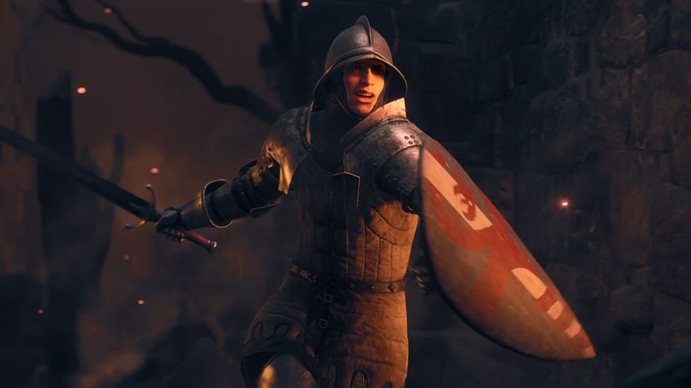 Dragon's Dogma 2 Vocations: A soldier mid-combat amid fiery ash with a sword in one hand and a fading red shield in the other