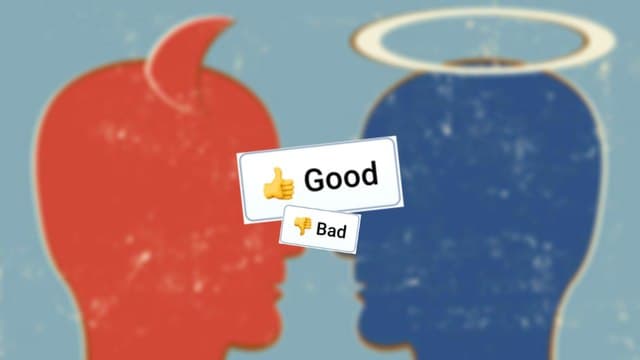 Infinite Craft Good and Bad block atop a blurred red and blue image of a devil-like figure facing an angel-like figure