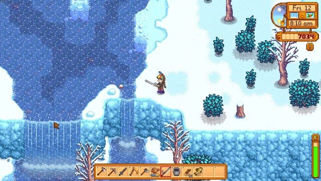 Fishing in the Cindersap Forest Waterfall in Winter