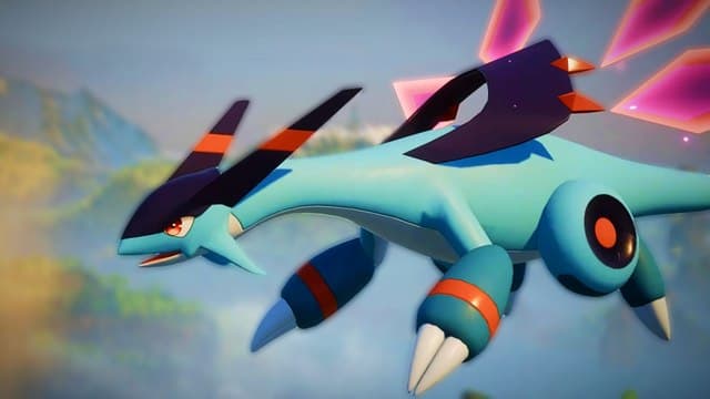 Palworld creature known as Jetragon flying, its blue, orange, and magenta-colored body shining in the sunlight
